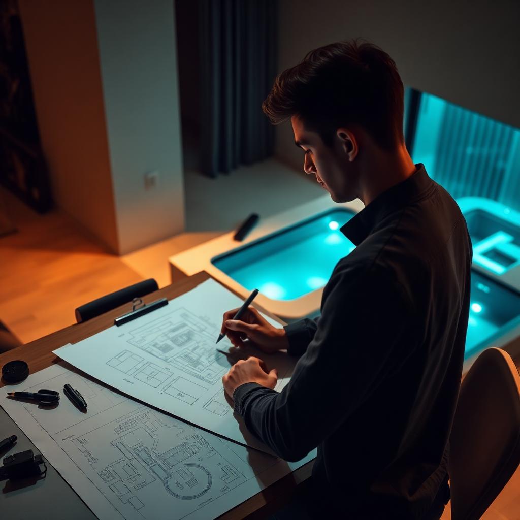 Young designer sketching a luxury pool design